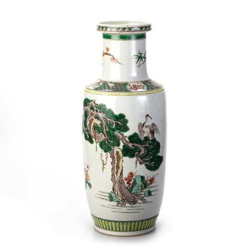 123 - A CHINESE FAMILLE VERTE ROULEAU VASE enamel painted with figures, bears a label and wax seal on the ... 