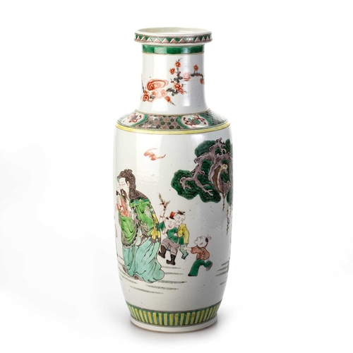 123 - A CHINESE FAMILLE VERTE ROULEAU VASE enamel painted with figures, bears a label and wax seal on the ... 