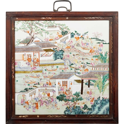 128 - A LARGE CHINESE FAMILLE ROSE PLAQUE painted with the 'One Hundred Boys' in a village setting, framed... 