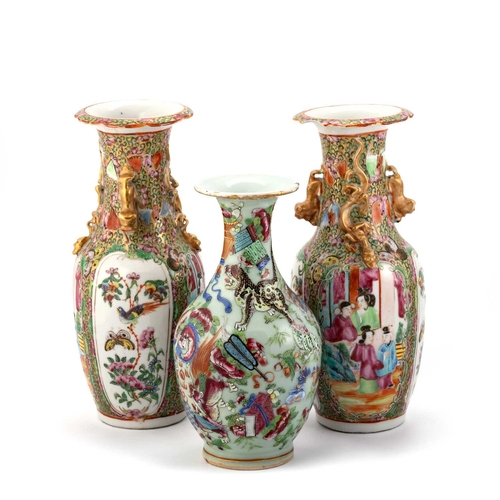 129 - A PAIR OF CANTONESE FAMILLE ROSE VASES, 19TH CENTURY each painted in the typical palette; together w... 