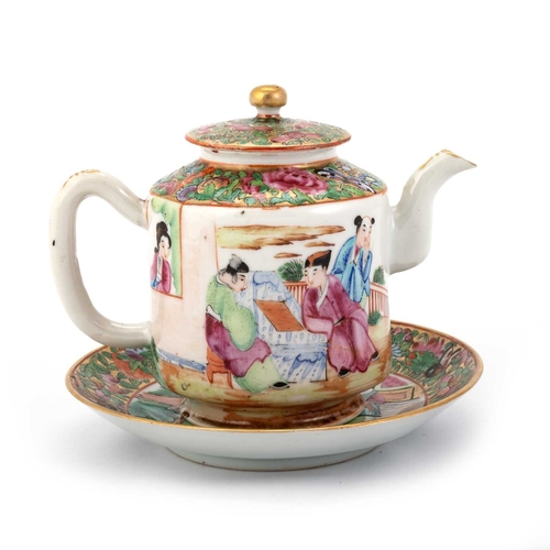 134 - A CANTONESE FAMILLE ROSE TEAPOT, 19TH CENTURY together with a Cantonese Famille Rose saucer dish. (2... 