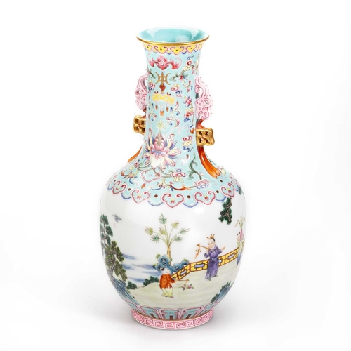 141 - A CHINESE TURQUOISE-GROUND FAMILLE ROSE 'BOYS AT PLAY' VASE the globular body finely painted with bo... 