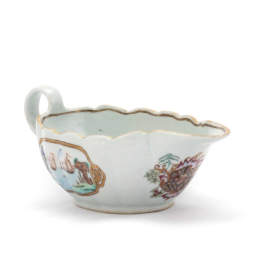 145 - A CHINESE ARMORIAL PORCELAIN SAUCEBOAT, QIANLONG, CIRCA 1745 of shaped oval form, painted to either ... 