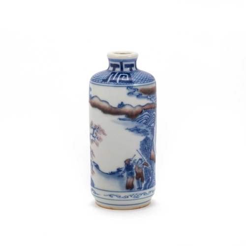 148 - A CHINESE COPPER-RED, BLUE AND WHITE PORCELAIN SNUFF BOTTLE decorated with figures, bears six-charac... 