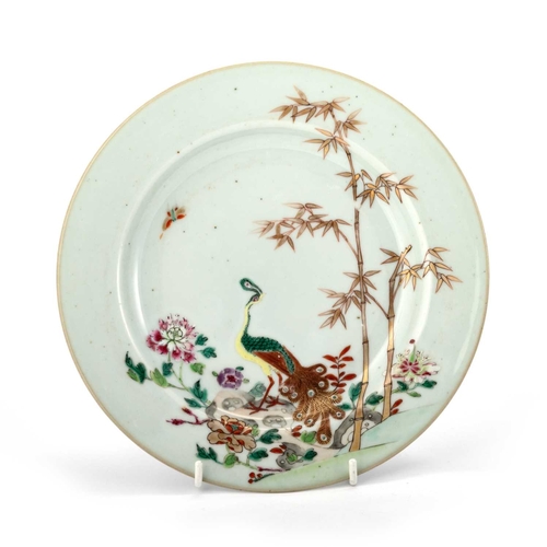 152 - A CHINESE FAMILLE ROSE 'PEACOCK' DISH, 18TH CENTURY together with another Famille Rose plate, painte... 