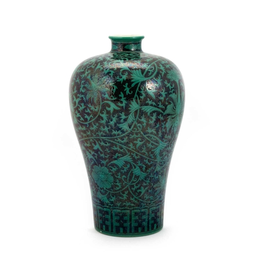 154 - A CHINESE BLACK-GROUND AND GREEN-ENAMELLED 'FLORAL' MEIPING densely painted with stylised flowerhead... 