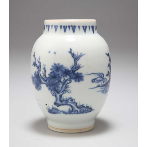 155 - A SMALL CHINESE TRANSITIONAL JAR, LIANZI GUAN painted with figures seated at a table in a garden lan... 