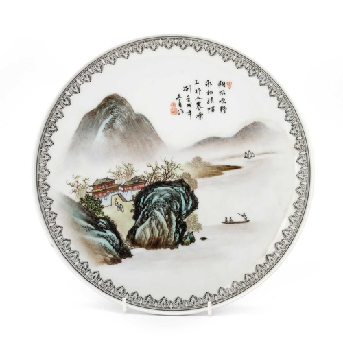 168 - V TWO CHINESE FAMILLE ROSE PLATES each decorated with figures within a landscape and calligraphic in... 