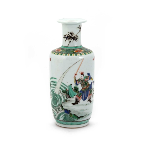 169 - A CHINESE FAMILLE VERTE ROULEAU VASE painted with a warrior and dragon, bears six-character mark in ... 