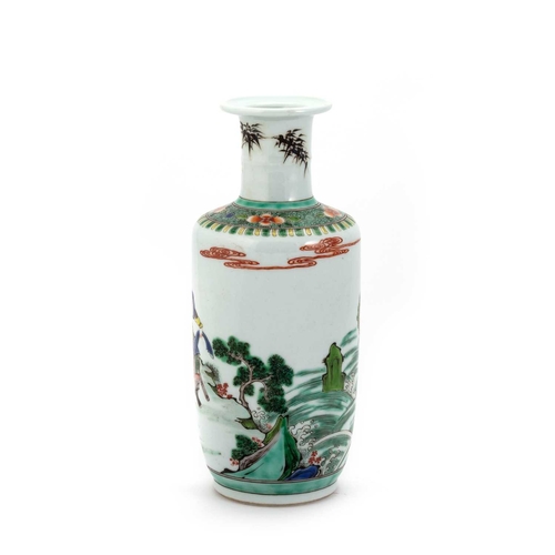 169 - A CHINESE FAMILLE VERTE ROULEAU VASE painted with a warrior and dragon, bears six-character mark in ... 