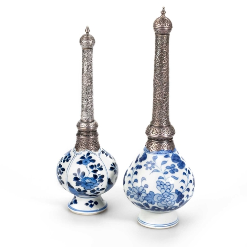 175 - TWO CHINESE SILVER-MOUNTED BLUE AND WHITE ROSE WATER SPRINKLERS, KANGXI for the Islamic market, each... 