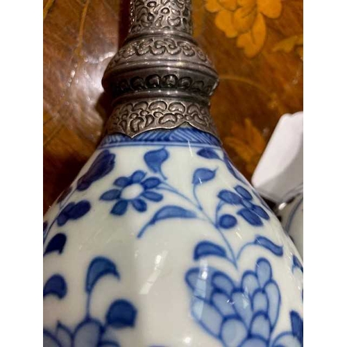 175 - TWO CHINESE SILVER-MOUNTED BLUE AND WHITE ROSE WATER SPRINKLERS, KANGXI for the Islamic market, each... 