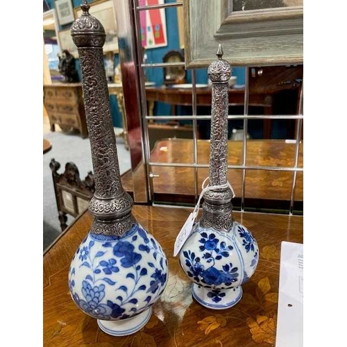 175 - TWO CHINESE SILVER-MOUNTED BLUE AND WHITE ROSE WATER SPRINKLERS, KANGXI for the Islamic market, each... 