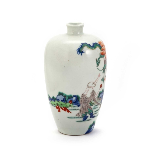 184 - A CHINESE DOUCAI VASE the ovoid body painted with a dragon flying through clouds and a man holding a... 