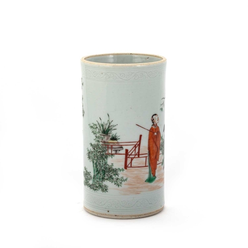 186 - A CHINESE FAMILLE VERTE BRUSH POT cylindrical, painted with figures and bamboo between anhua bands. ... 