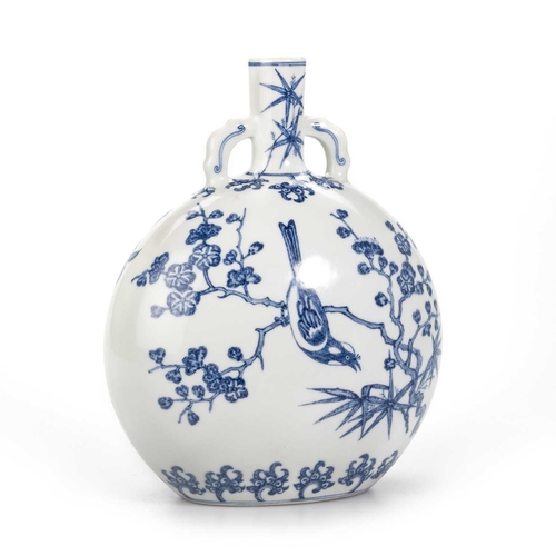 187 - A CHINESE BLUE AND WHITE MOON FLASK of oval section, painted with flower and bird compositions, the ... 