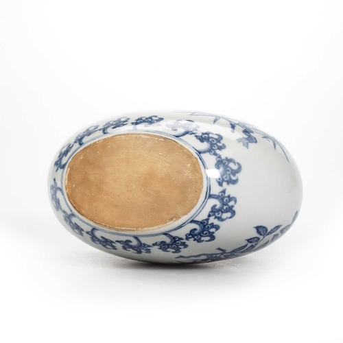 187 - A CHINESE BLUE AND WHITE MOON FLASK of oval section, painted with flower and bird compositions, the ... 