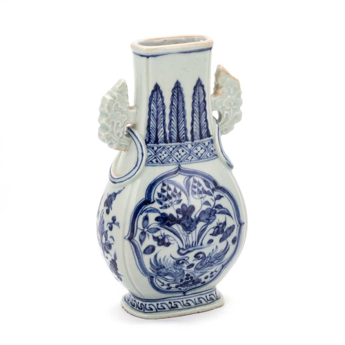 188 - A CHINESE BLUE AND WHITE VASE the flattened sides painted with cartouche reserves depicting ducks in... 