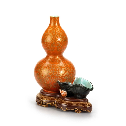 197 - THREE PIECES OF CHINESE PORCELAIN including a gilt-decorated coral-ground double-gourd vase and a Fa... 