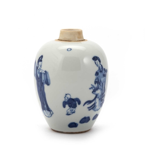 207 - A CHINESE BLUE AND WHITE JAR painted with figures and trees, bears artemisia leaf mark. 10.5cm high... 