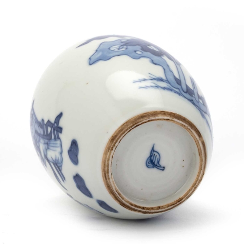 207 - A CHINESE BLUE AND WHITE JAR painted with figures and trees, bears artemisia leaf mark. 10.5cm high... 