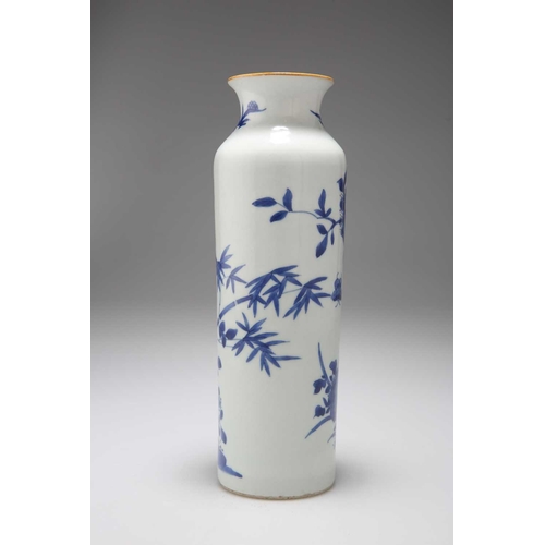 208 - A CHINESE TRANSITIONAL BLUE AND WHITE SLEEVE VASE painted with a bird resting on a bamboo stem with ... 