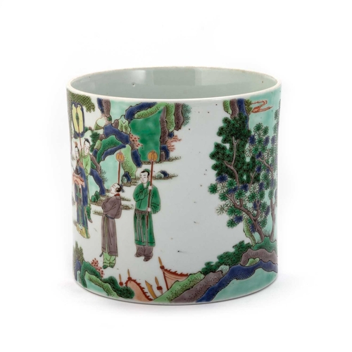 209 - A CHINESE FAMILLE VERTE BRUSH POT straight-sided, enamel painted with figures in a landscape. 17.5cm... 