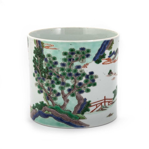 209 - A CHINESE FAMILLE VERTE BRUSH POT straight-sided, enamel painted with figures in a landscape. 17.5cm... 