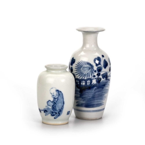 212 - TWO CHINESE BLUE AND WHITE VASES (2) Tallest 15cmThe taller vase has old chips around the rim, the s... 