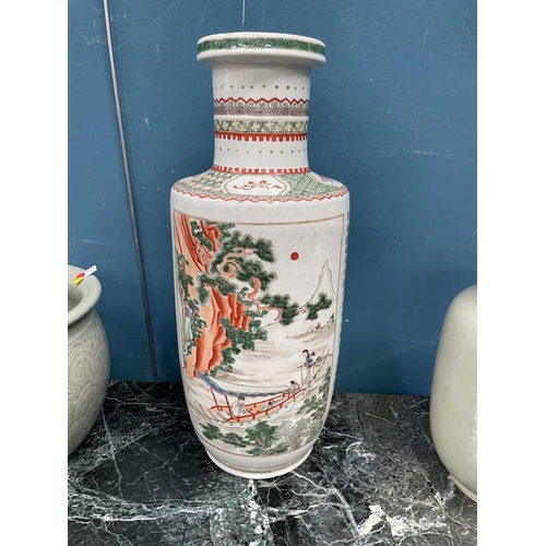 213 - A CHINESE 'ODE TO THE RED CLIFF' FAMILLE VERTE ROULEAU VASE bears six-character mark in underglaze b... 