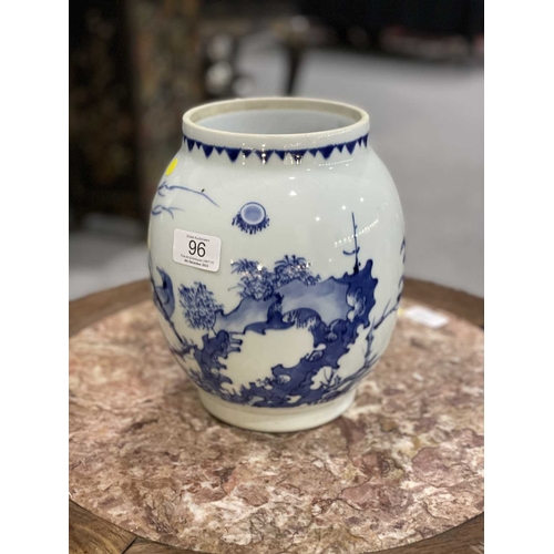 229 - A CHINESE BLUE AND WHITE TRANSITIONAL JAR, LIANZI GUAN painted with a bird seated on a branch within... 