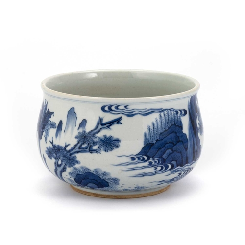 233 - A CHINESE BLUE AND WHITE CENSER circular, underglaze blue painted with scholars in a landscape. 16cm... 