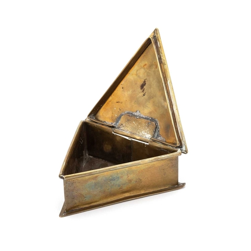 261 - A 19TH CENTURY BRASS TOBACCO BOX triangular, the hinged lid decorated with an image of a racehorse a... 