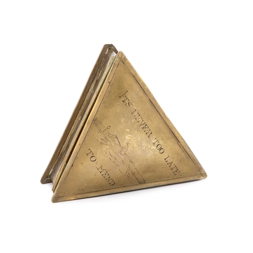 261 - A 19TH CENTURY BRASS TOBACCO BOX triangular, the hinged lid decorated with an image of a racehorse a... 