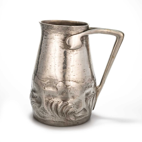 267 - A LIBERTY & CO TUDRIC PEWTER JUG no. 0174, chased with fish amidst waves, the sack-shaped body with ... 