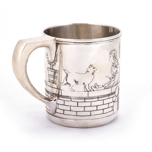 302 - TIFFANY & CO: AN ART DECO STERLING SILVER MUG by Tiffany & Co, circular form, decorated with a p... 