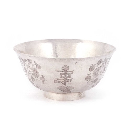 310 - A 19TH CENTURY CHINESE SILVER BOWL unmarked, the gentle flaring bowl with subtle spot-hammered groun... 