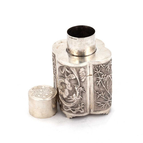 312 - A CHINESE SILVER TEA CADDY workshop Zhuo, Canton and Shanghai, retailer Wang Hing, import marks, Fin... 