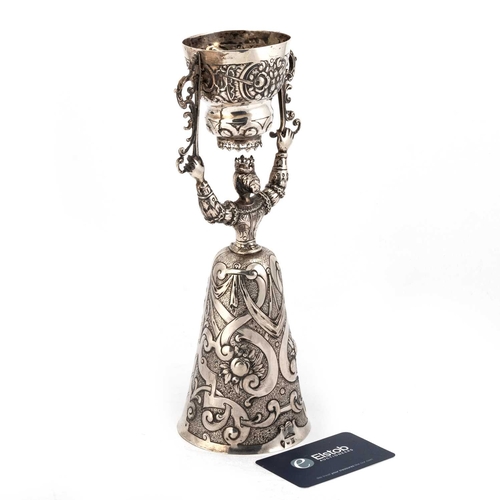 319 - A LARGE GERMAN SILVER WAGER CUP by Neresheimer, late 19th Century, of typical form, modelled as a la... 