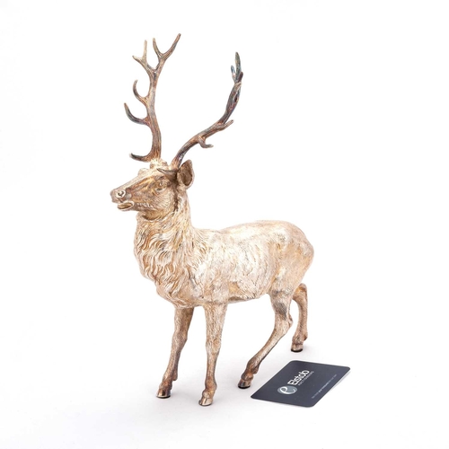 346 - AN ELIZABETH II CAST SILVER MODEL OF A STAG by C J Vander Ltd, London 1997, handsomely modelled stan... 