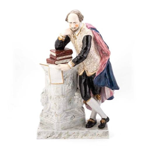 36 - A LARGE PAIR OF STAFFORDSHIRE FIGURES OF SHAKESPEARE AND MILTON, CIRCA 1850 both modelled leaning on... 