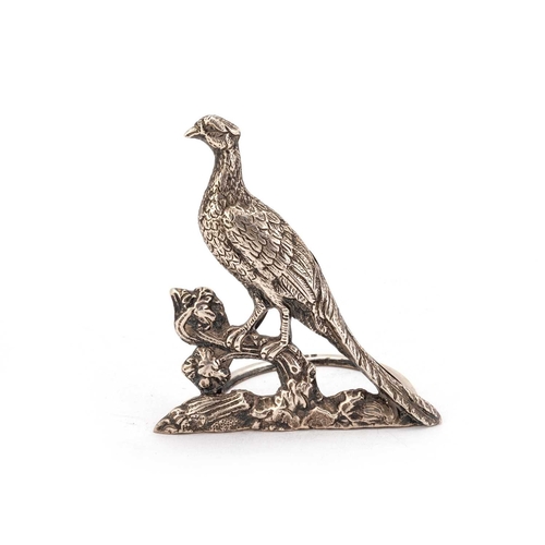 366 - A PAIR OF GEORGE VI SILVER MENU HOLDERS by Tessiers Ltd, London 1937, each cast with a pheasant stan... 