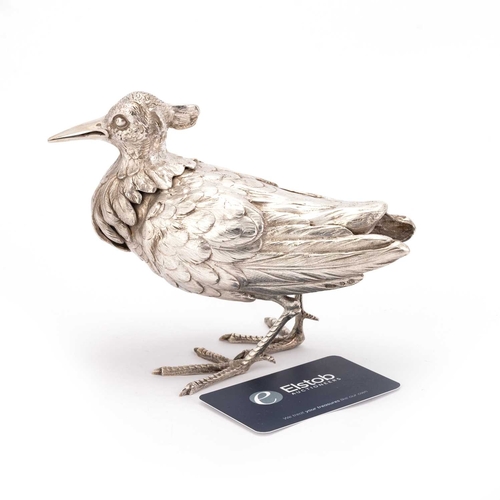 372 - A GERMAN SILVER MODEL OF A RUFF BIRD stamped 830S and with a maker's mark to the tip of wing, realis... 