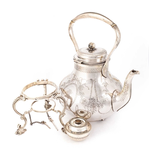 395 - A VICTORIAN SILVER SPIRIT KETTLE ON STAND by Arthur Sibley, London 1861, the kettle of squat circula... 