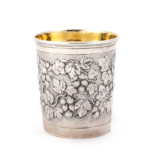 410 - A VICTORIAN SILVER BEAKER by John Samuel Hunt, London 1864, of cylindrical form, the body chased wit... 