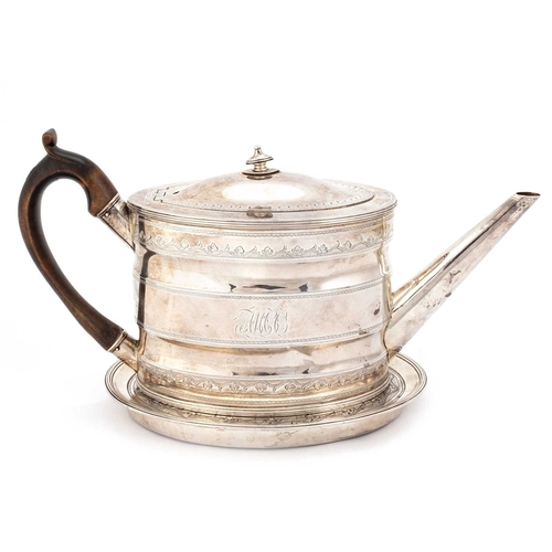 421 - A GEORGE III SILVER TEAPOT ON STAND by Robert Sharp, London 1791 and 1792, oval, the teapot with hor... 