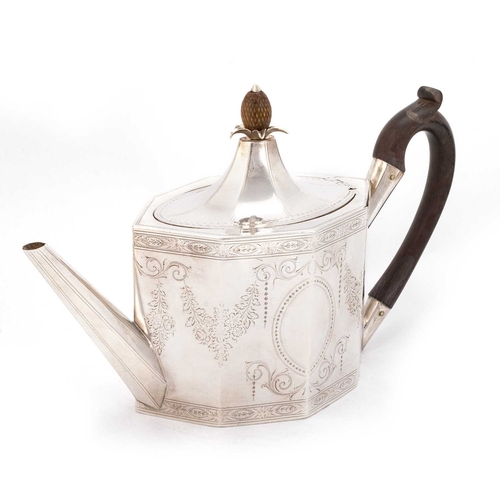 427 - § A FINE GEORGE III SILVER TEAPOT by Hester Bateman, London 1788, of navette form with eight faceted... 