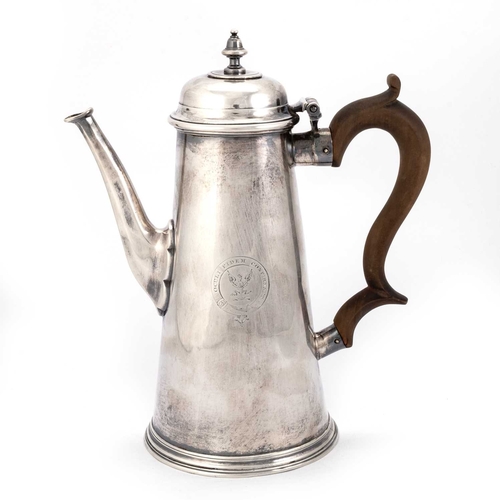 462 - A GEORGE II SILVER CHOCOLATE POT by Robert Lucas, London 1731, of tapering cylindrical form, with a ... 