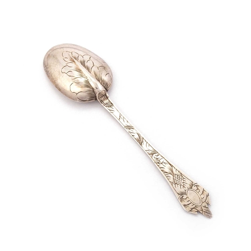 466 - A CHARLES II SILVER CHILD'S TREFID SPOON unmarked, the flat stem engraved to the front and back, the... 