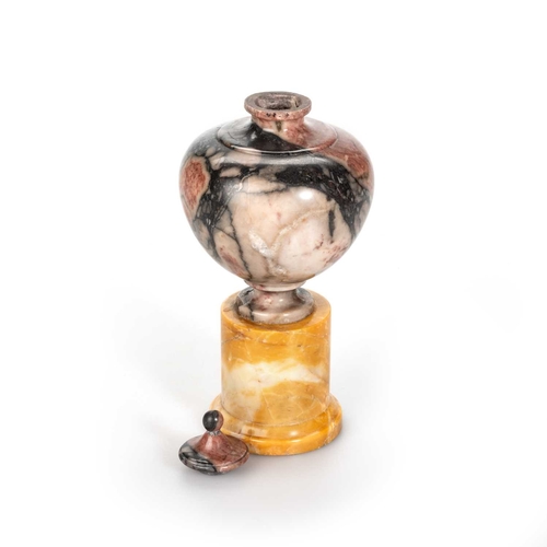 469 - A PAIR OF 19TH CENTURY RHODONITE AND SIENNA MARBLE VASES AND COVERS the globular bodies raised on in... 